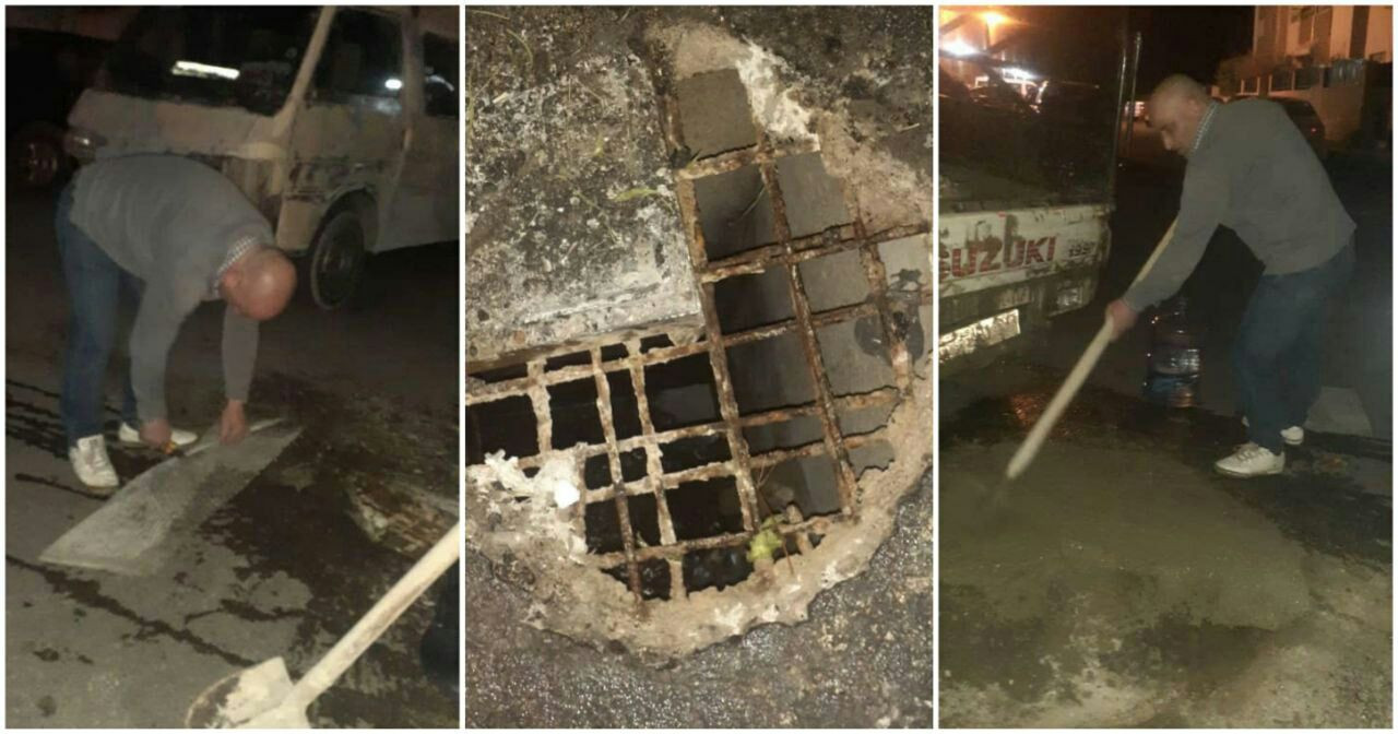 مواطن يردم حفرا بأحد شوارع دمش...